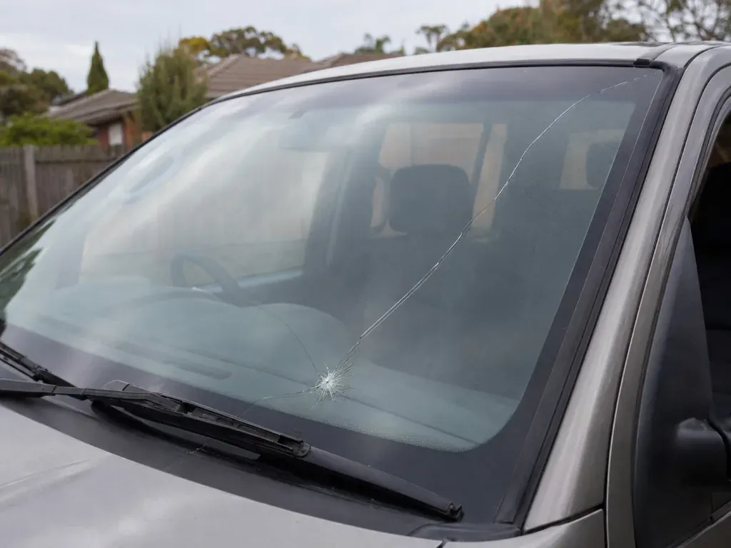 Before: silver car front windscreen with a star impact and long crack running toward the top of the glass