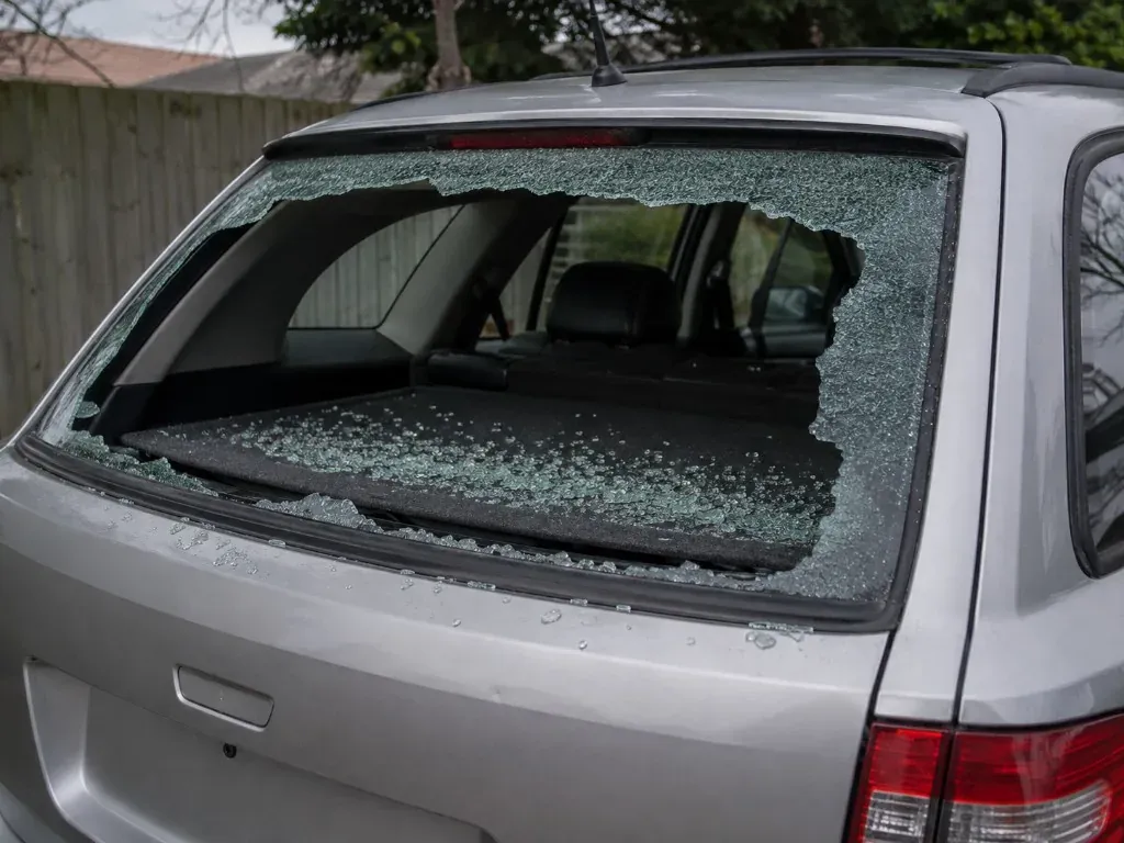 Before: silver wagon with a shattered rear window and toughened glass fragments around the hatch