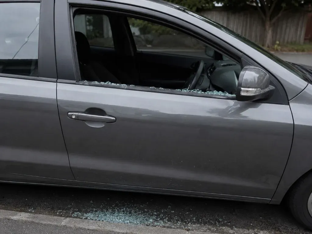 Before: grey car with a smashed front side window and glass fragments on the road below the door