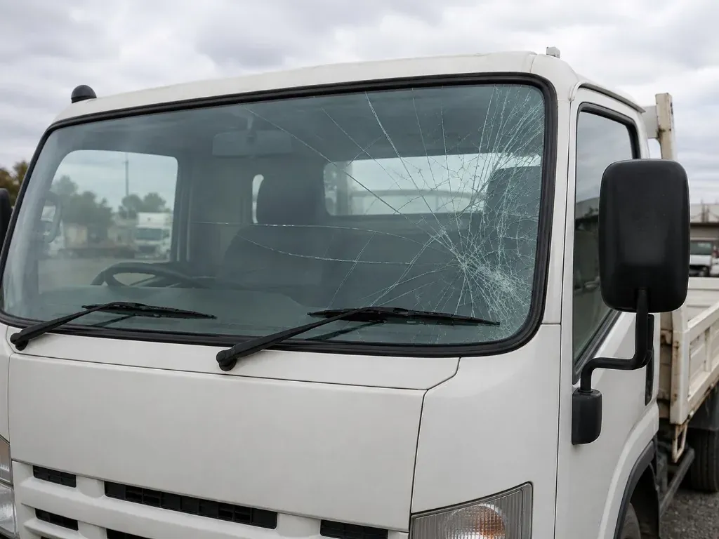 Before: white truck cab with a spider-web crack across the front windscreen